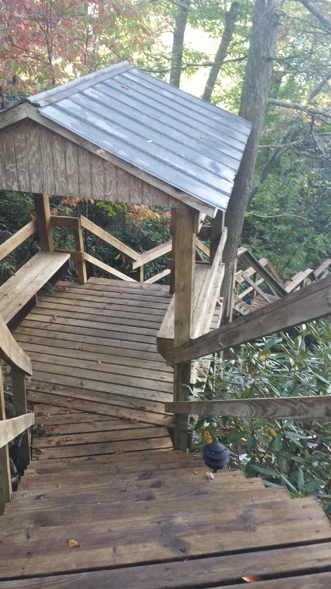 Metal roofed shelter over wooden steps on a wooded walkway — Skylight Repair & Installation work by our crew in Cedar Mountain